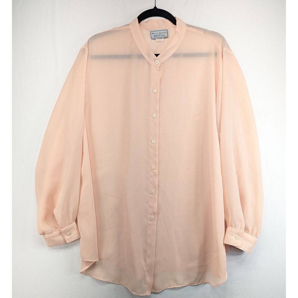 Must Haves Doris Pooser Vintage Peach Chiffon Blouse Mandarin Collar 2X USA Made